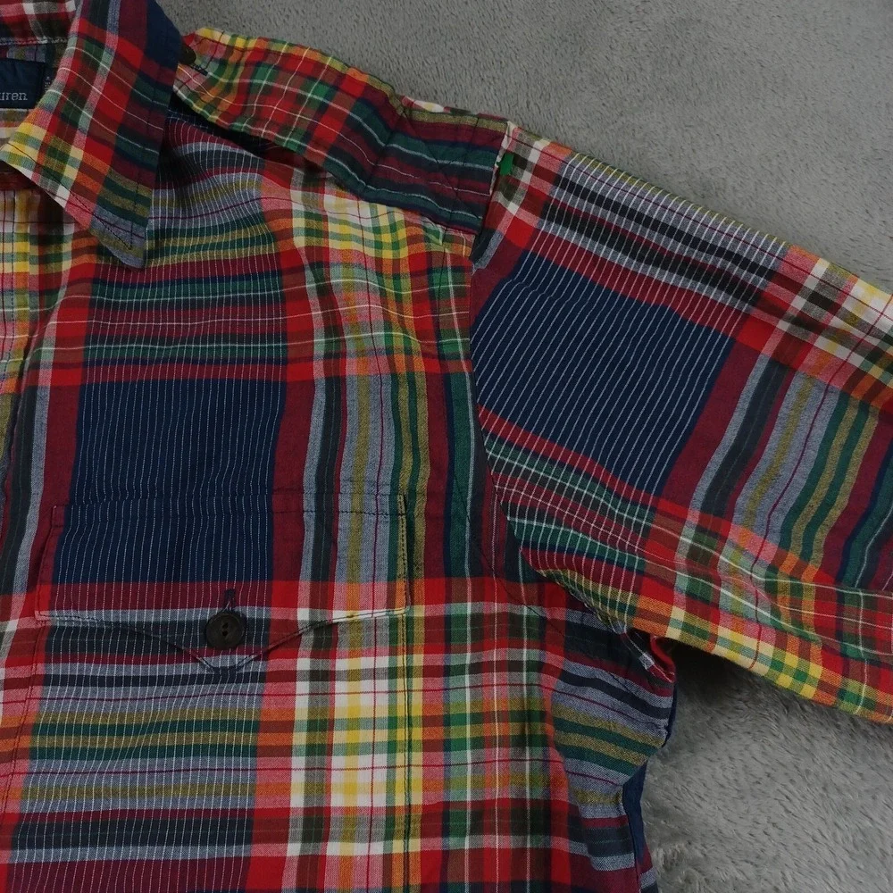 Vintage Polo Ralph Lauren Shirt Mens Medium Red Military‎ Epaulets Plaid 90s